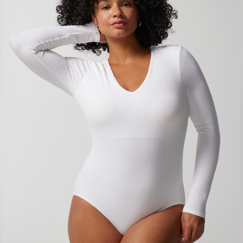 SOMA White Long Sleeve Built in Bra Ribbed Bodysuit - size small